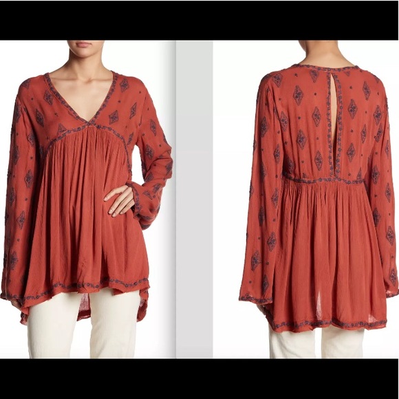 FREE PEOPLE DIAMOND EMBROIDERED BELL SLEEVE TUNIC - Picture 2 of 7